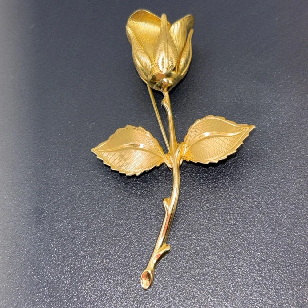 2‎ Vintage Giovanni Brushed Gold Tone And Silver Tone Brooches Long Stem Rose 3